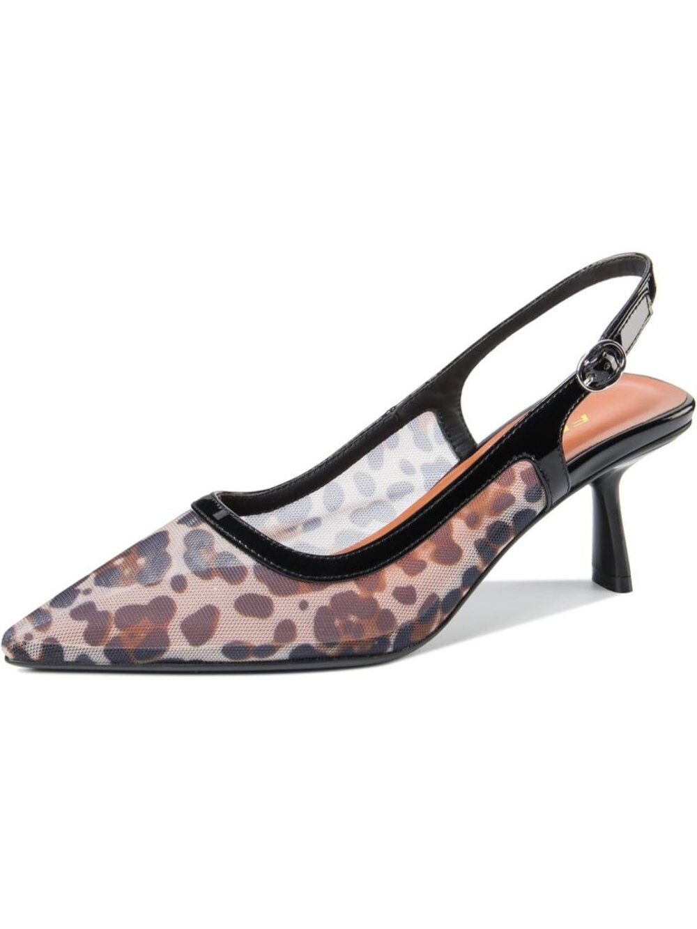 Women's Leopard Closed Pointed Toe Heels Patent Leather Low Heel Slingback Shoes